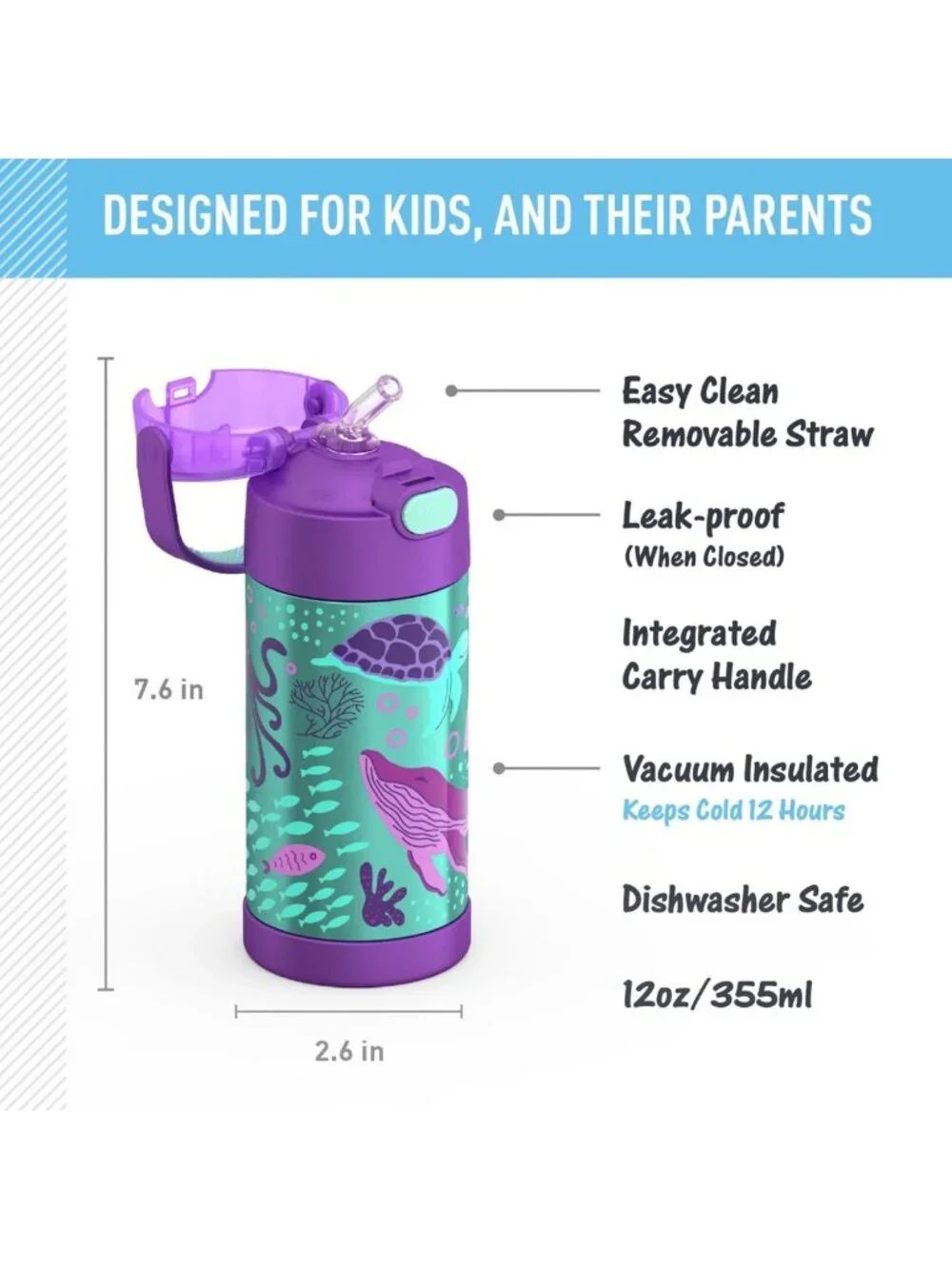 12oz Insulated Water Bottle with Straw - Fun Ocean Pals Design, Kids Hydration